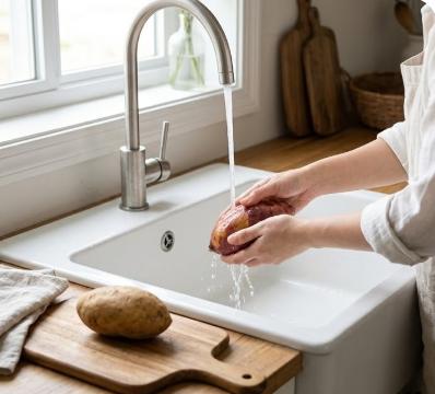 Rửa khoai sạch cát, đất trước khi chế biến