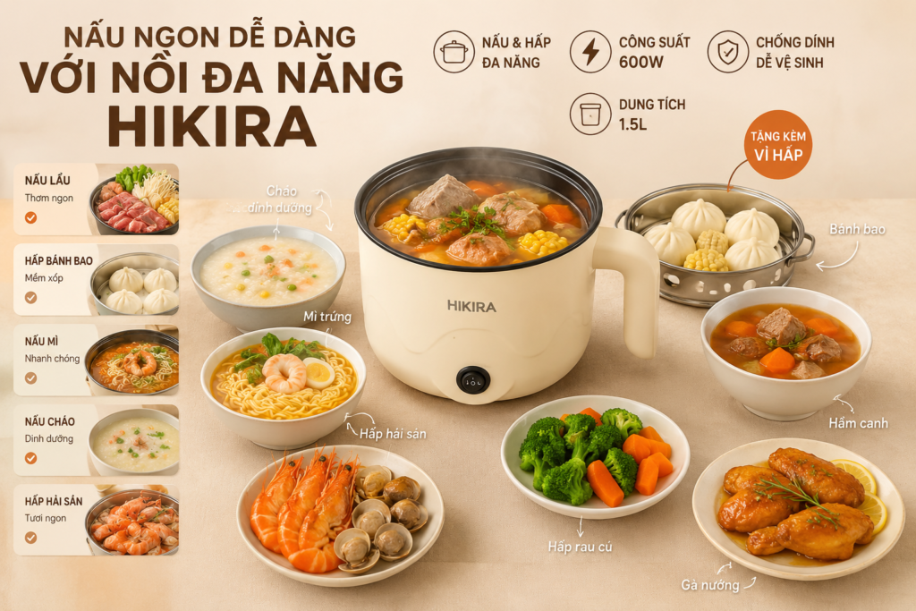 Nồi nấu đa năng HIKIRA nấu hấp đa năng mọi món ăn